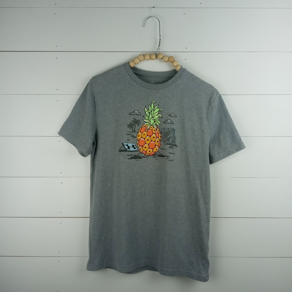 Under Armour boys size L gray with bright pineapple beach soccer design tshirt